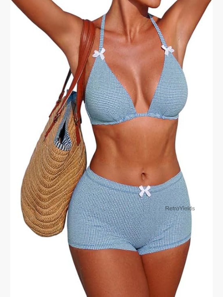 Halter Triangle Bikini Set With Full Coverage Boyshorts - Gingham Pattern
